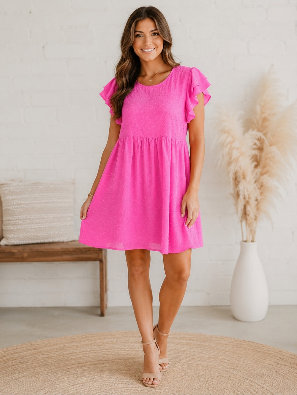 Bright Pink Ruffle Sleeve Cotton Women’s Boutique Dress